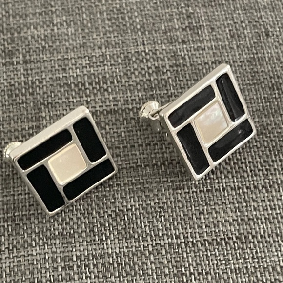 Napier Jewelry - Vintage Napier Mother of Pearl Enamel 50” Silver-Tone Screw Back Earrings